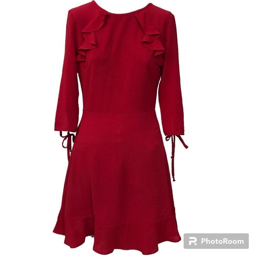 🎁 Bepop Red Dress Flounce Hem Ruffles Back Cutout Sleeve ties size small cherry